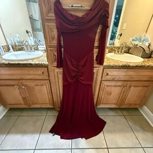 SHEIN Burgundy Long Sleeve Draped Evening Gown
